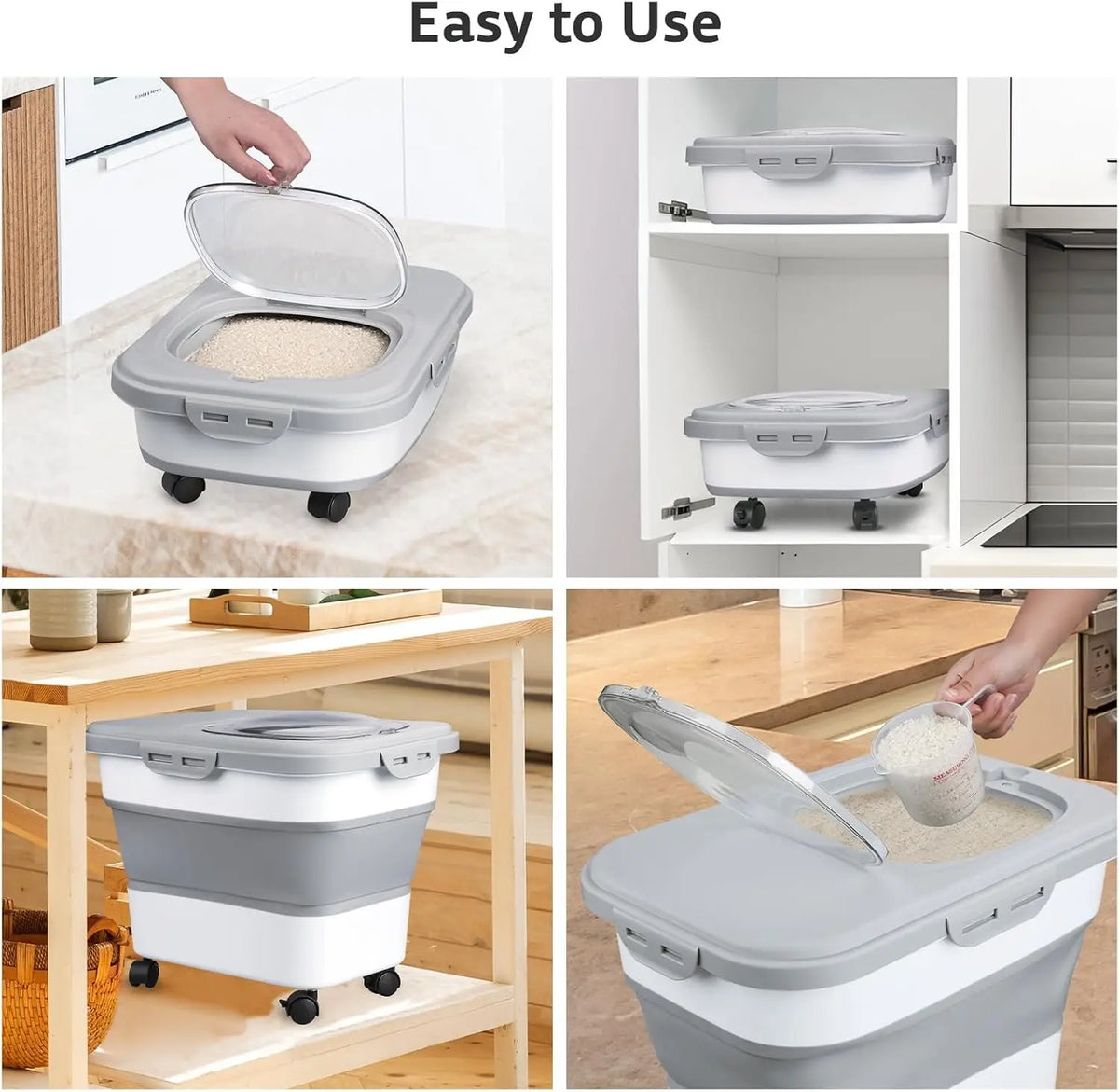 Contenedor plegado con ruedas desmontables para guardar espacio