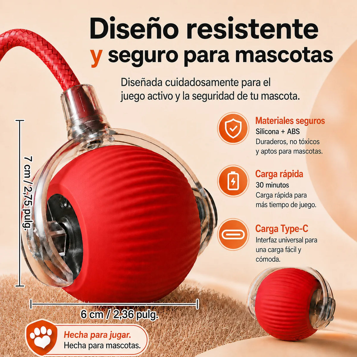Detalle del puerto de carga USB de la pelota