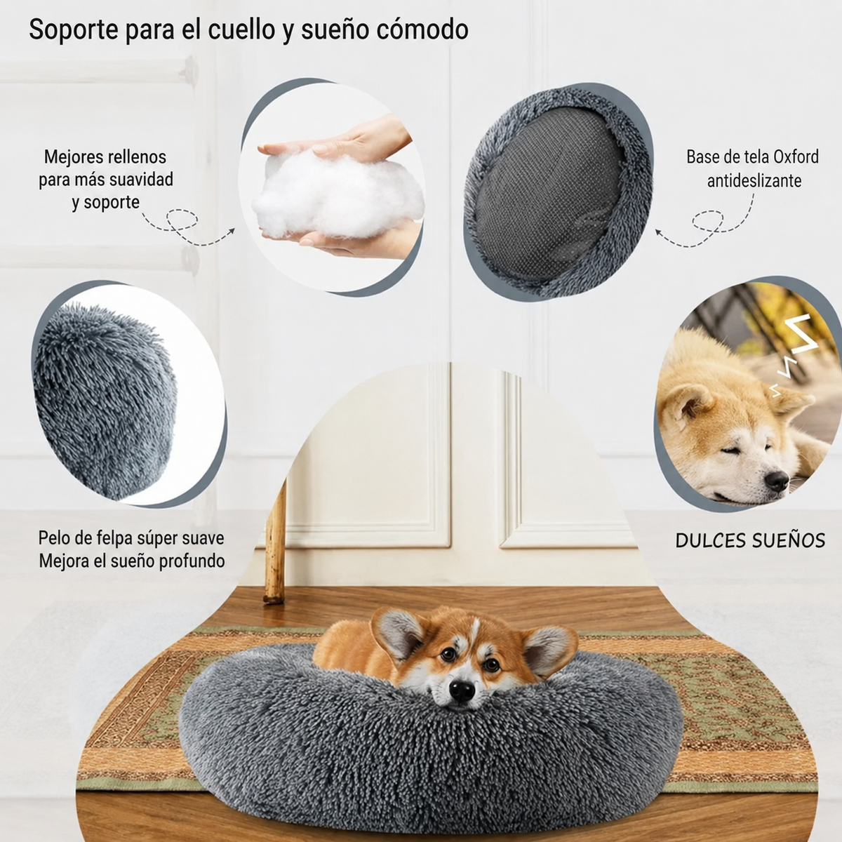 Cama Calmante Redonda Ultra Suave para Perros y Gatos Tallas 40cm a 90cm – Omnipet